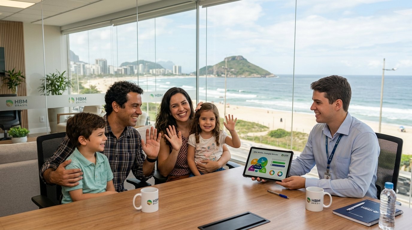 Família feliz conversando com consultor de proteção veicular HBM Brasil no Recreio dos Bandeirantes.