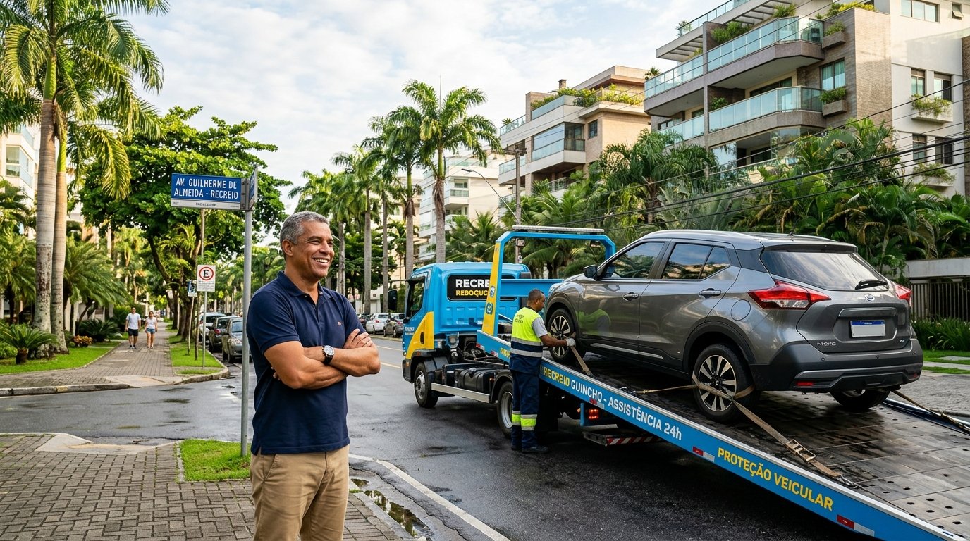 Motorista aliviado com guincho da proteção veicular no Recreio dos Bandeirantes.