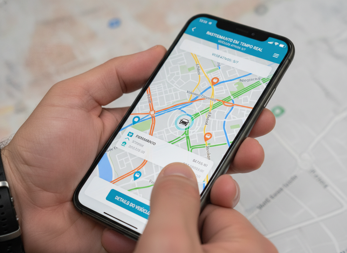 Aplicativo de rastreamento veicular HBM Brasil no celular, mostrando segurança para o carro