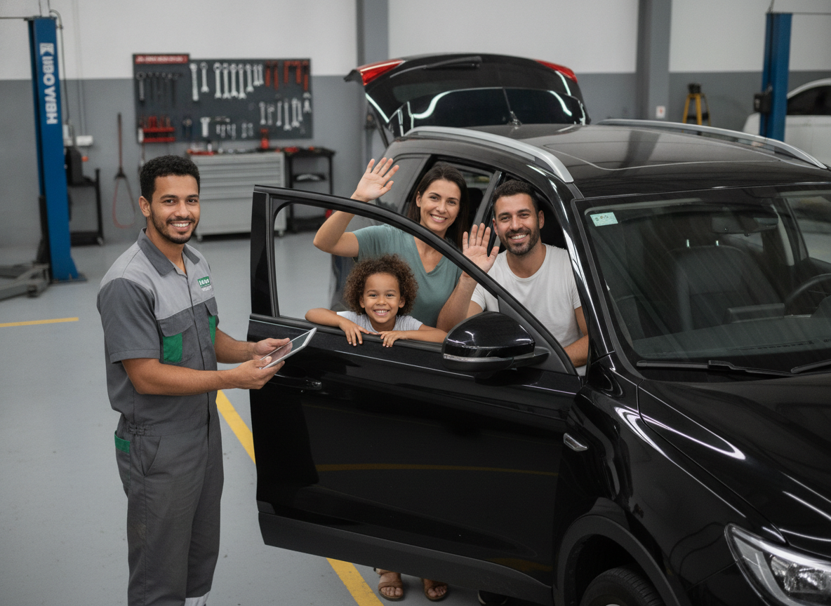 Família feliz recebendo carro após reparo da proteção veicular HBM Brasil
