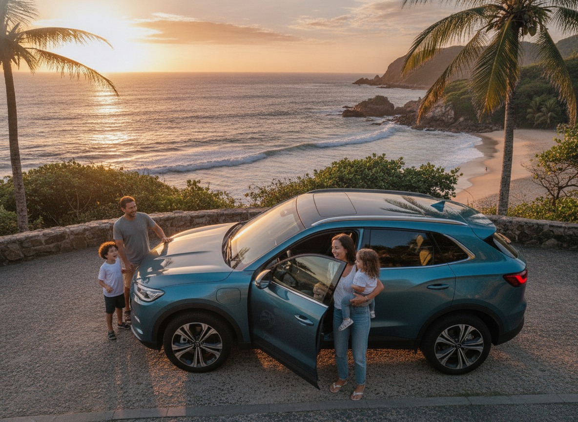 Família feliz com carro protegido na Barra de Guaratiba ao pôr do sol