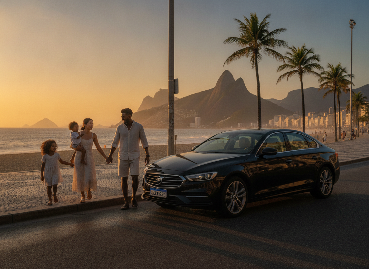 Família tranquila com proteção veicular na orla de Copacabana
