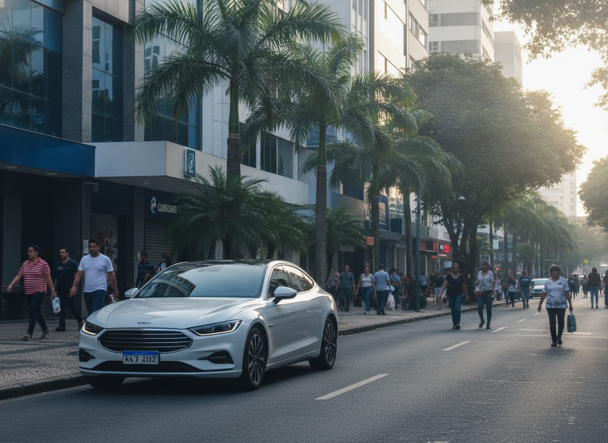 Carro protegido estacionado no centro de Itaguaí com prédios ao fundo