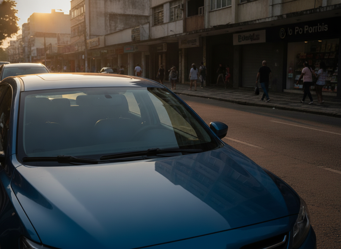 Carro moderno azul em rua movimentada de Campo Grande RJ ao pôr do sol com proteção veicular