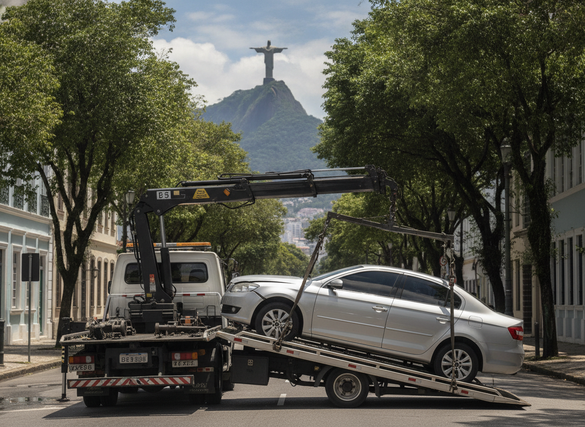 Carro sendo rebocado no Rio de Janeiro após colisão, mostrando serviço de assistência 24h.