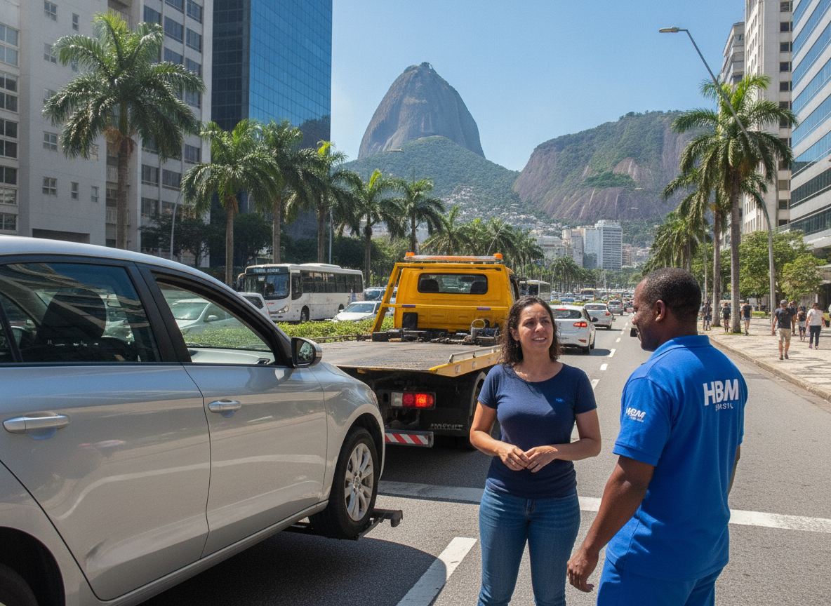 Carro sendo rebocado por assistência 24 horas da HBM Brasil na Barra da Tijuca após colisão