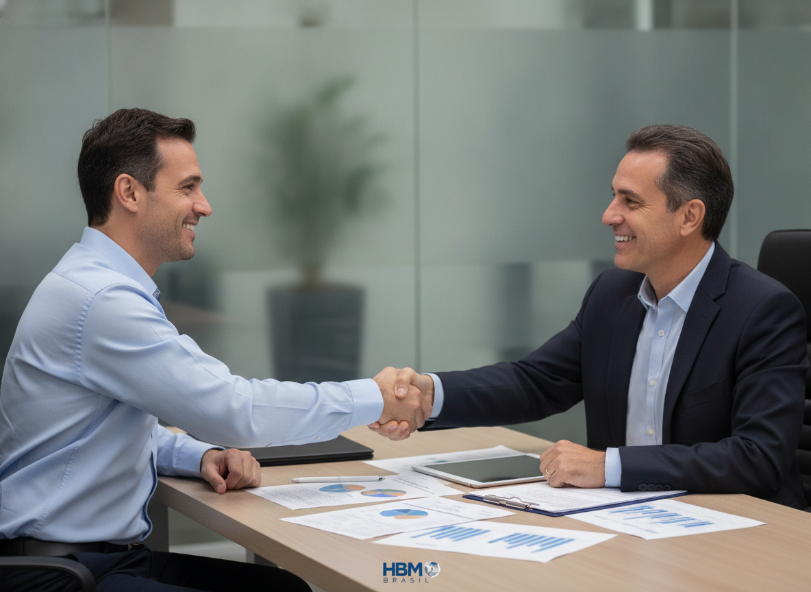 Consultor da HBM Brasil apertando a mão de cliente satisfeito em Pedra de Guaratiba