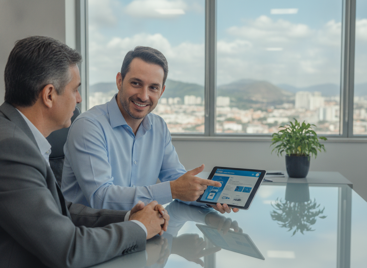 Consultor explicando proteção veicular HBM Brasil em Cosmos RJ