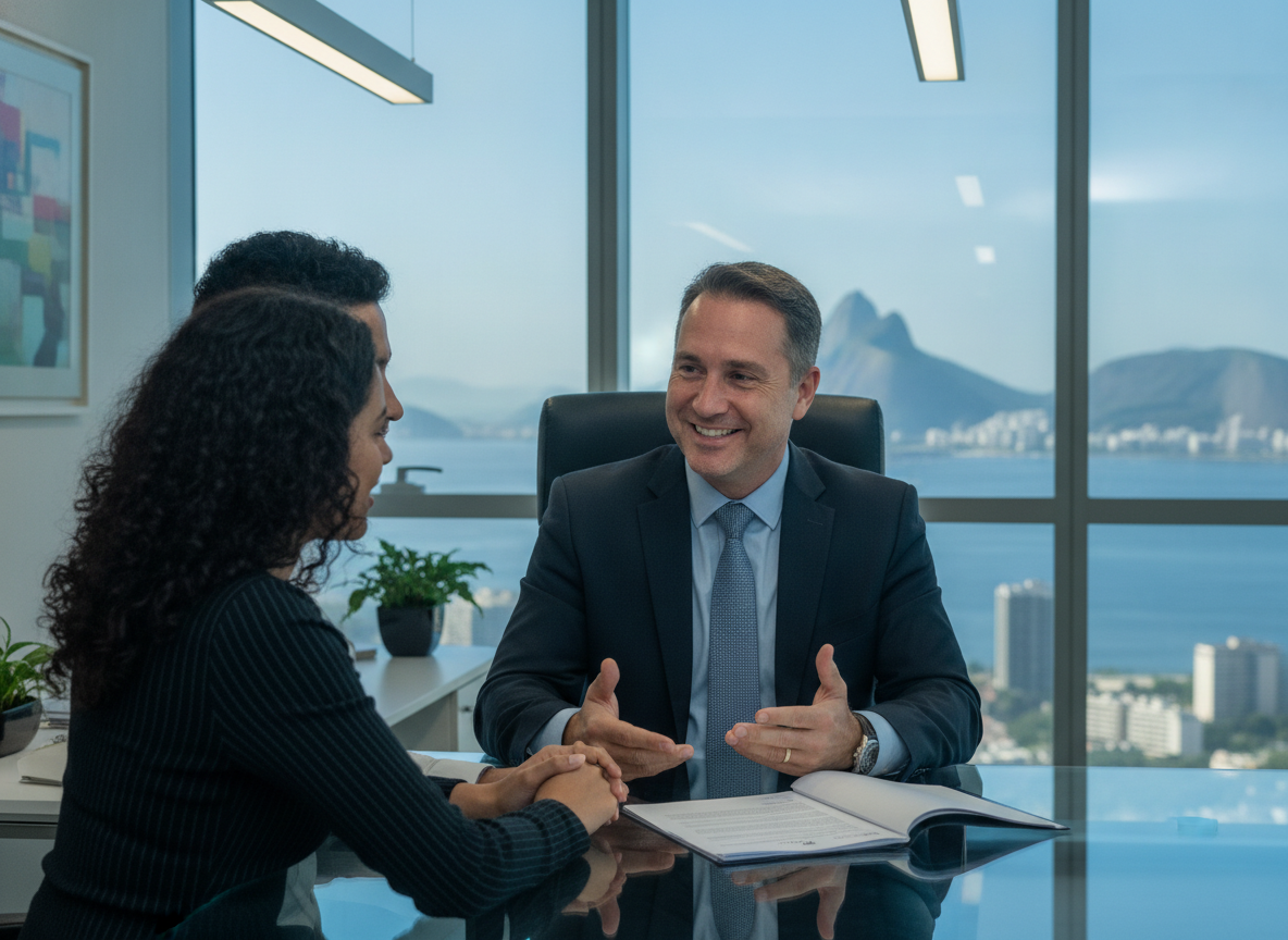 Consultor HBM Brasil explicando contrato de proteção veicular para casal no Rio de Janeiro.