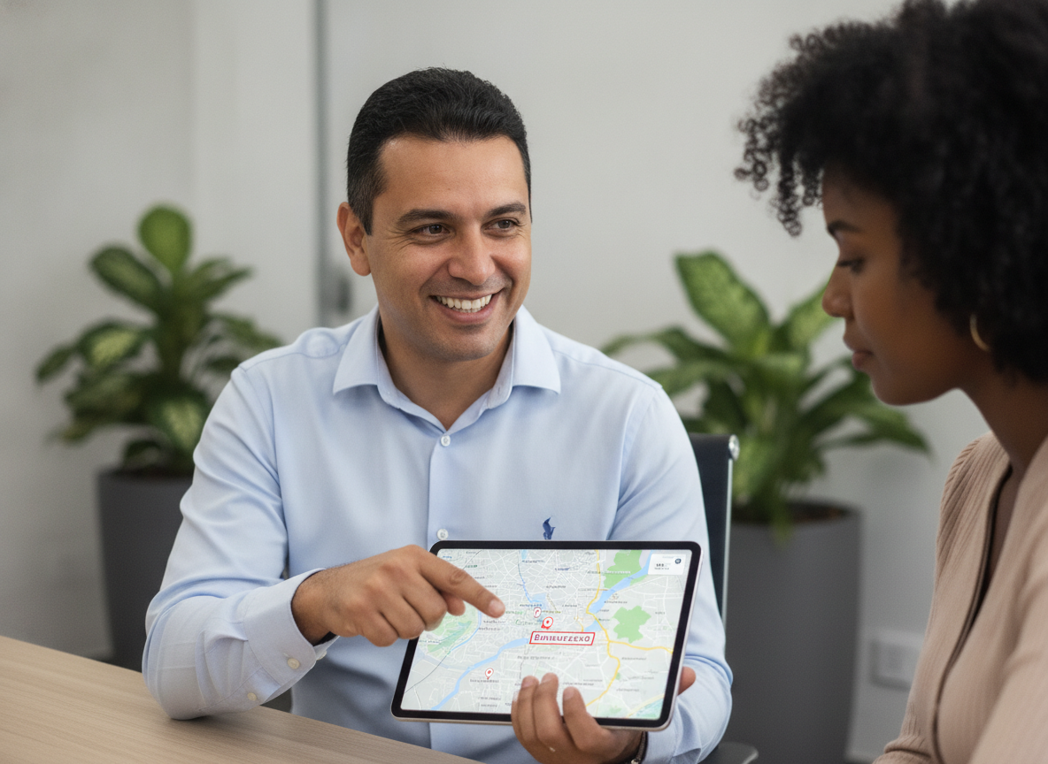 Consultor de proteção veicular explicando mapa de Bonsucesso RJ para cliente