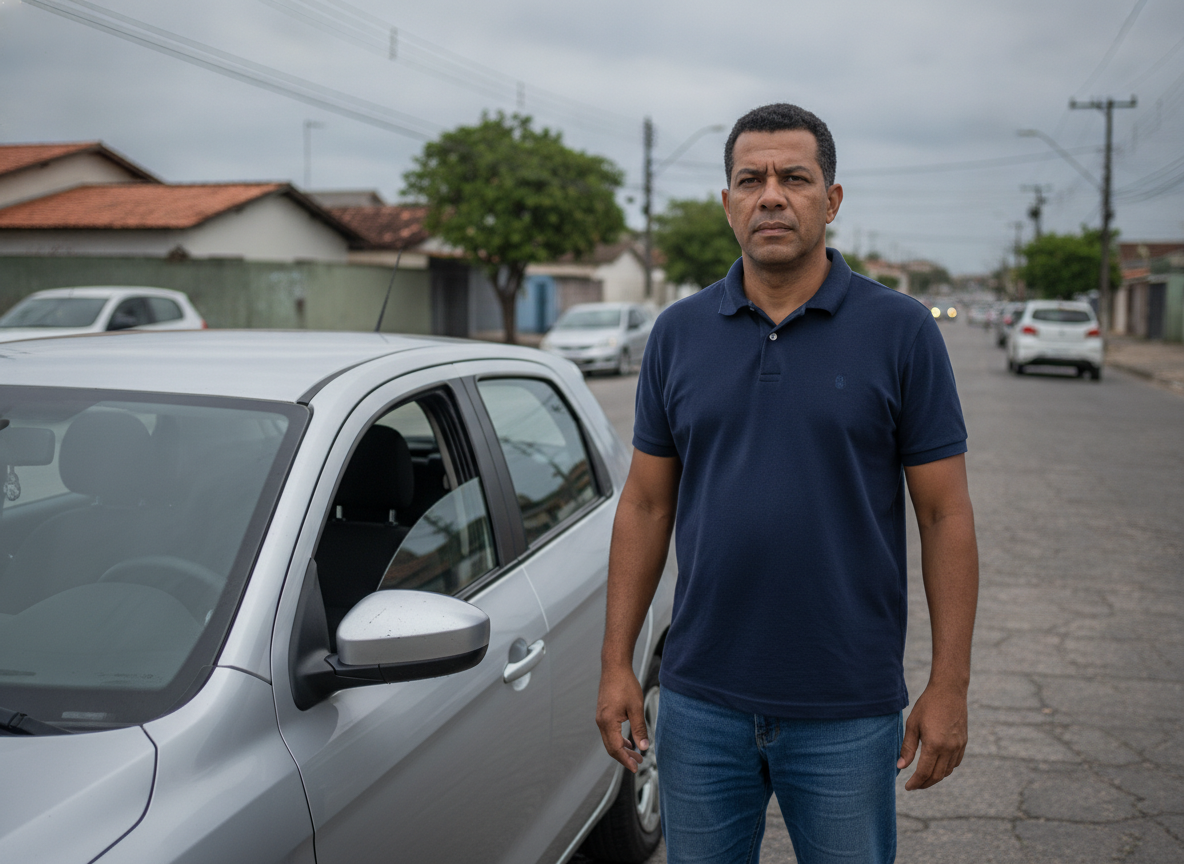 Homem preocupado ao lado de carro amassado em rua de Guaratiba, RJ