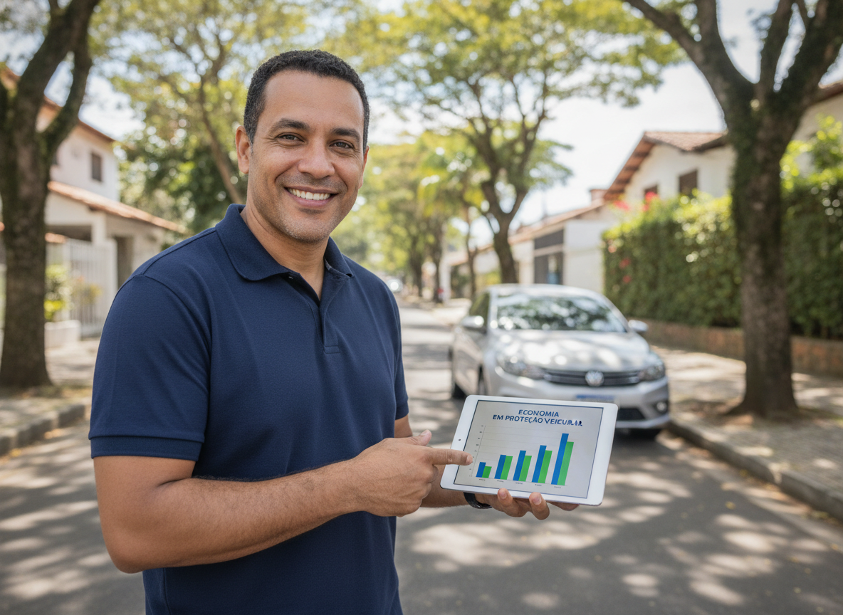 Homem explicando economia em proteção veicular em Vargem Grande.