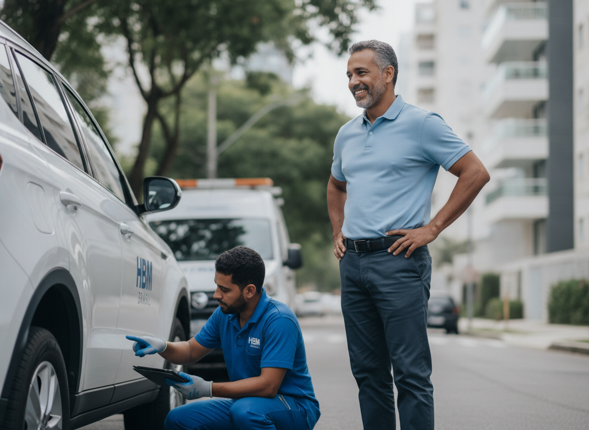 Homem recebendo atendimento de proteção veicular HBM Brasil na Barra da Tijuca, Rio de Janeiro