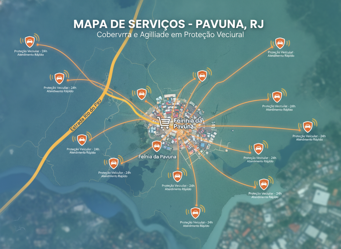 Mapa da Pavuna RJ com pontos de serviço de proteção veicular e Estrada Rio do Pau