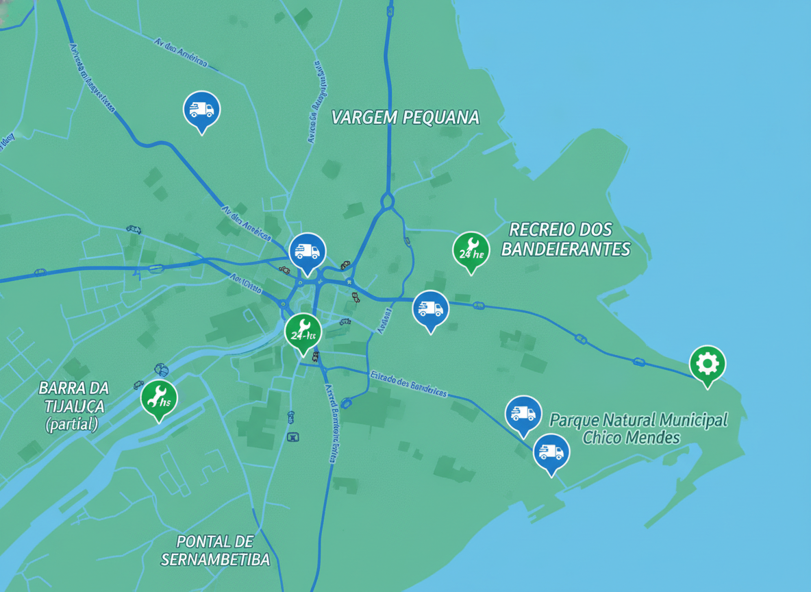 Mapa de Vargem Pequena com pontos de assistência 24h para proteção veicular