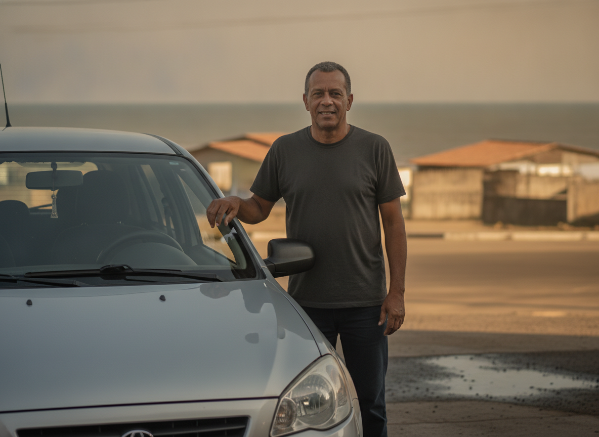 Motorista feliz com carro reparado em Sepetiba, proteção veicular.