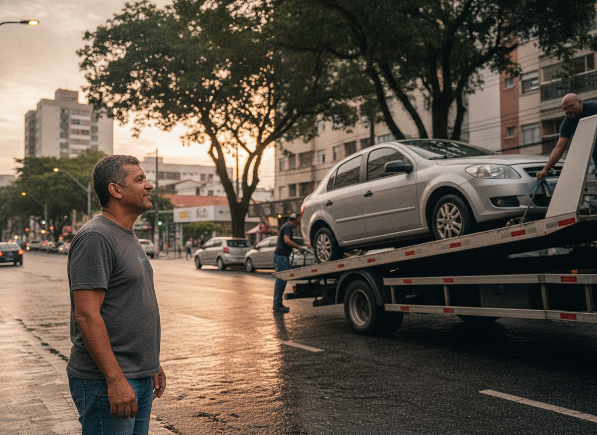 Motorista aliviado após acionar proteção veicular para reboque de carro na Taquara, Rio de Janeiro