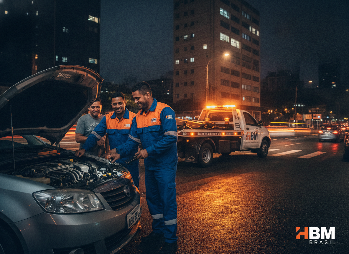 Equipe de assistência 24 horas da HBM Brasil prestando socorro a veículo em Bangu RJ