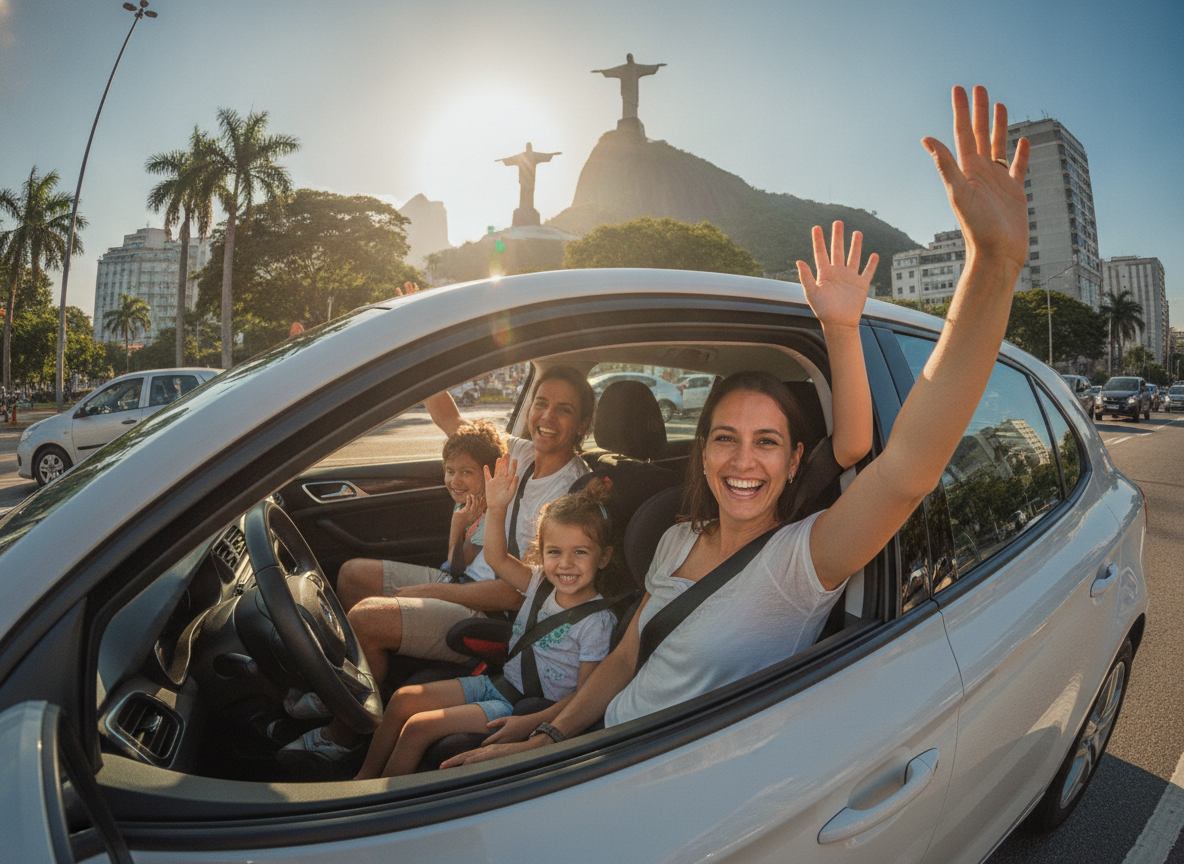 Família feliz em carro, dirigindo no Rio de Janeiro com proteção veicular