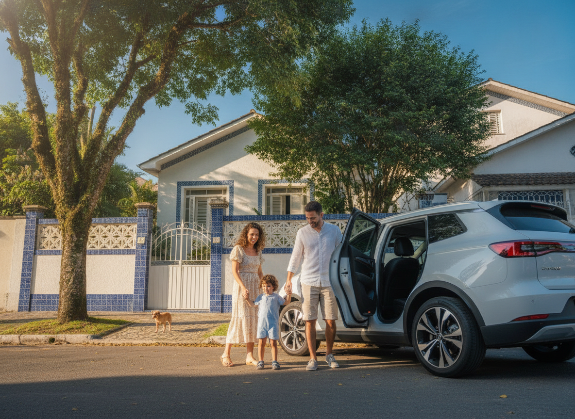 Família feliz no Méier com carro protegido