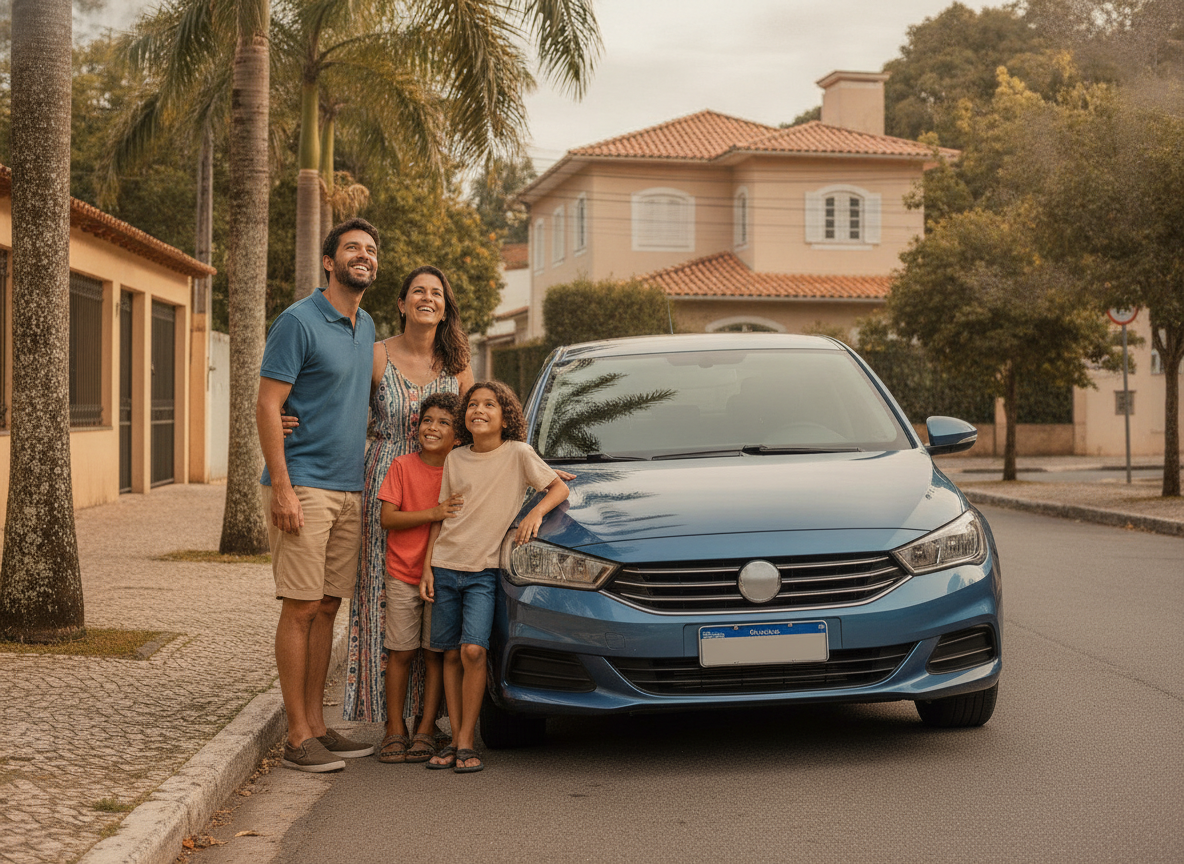Família feliz com carro protegido em Madureira, RJ