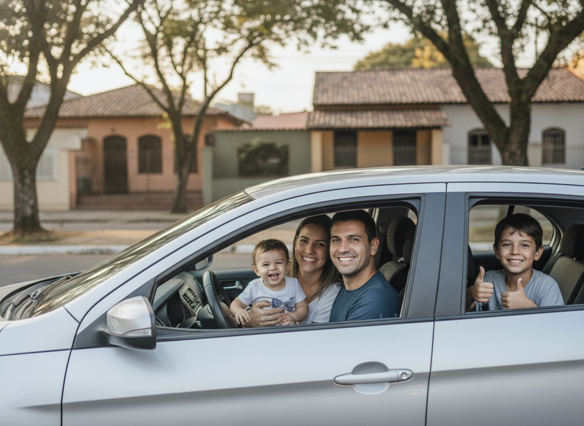 Família feliz em carro com proteção veicular em Padre Miguel