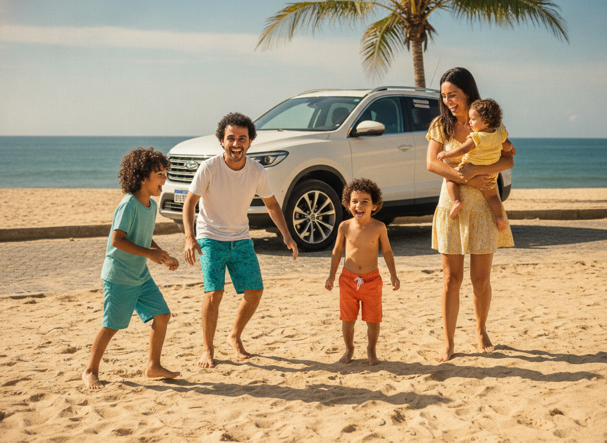 Família aproveitando praia em Itaguaí com carro protegido