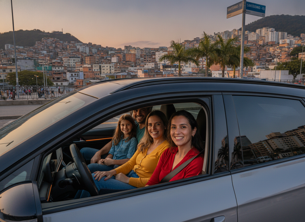 Família feliz e segura dentro de carro em Santíssimo, Rio de Janeiro