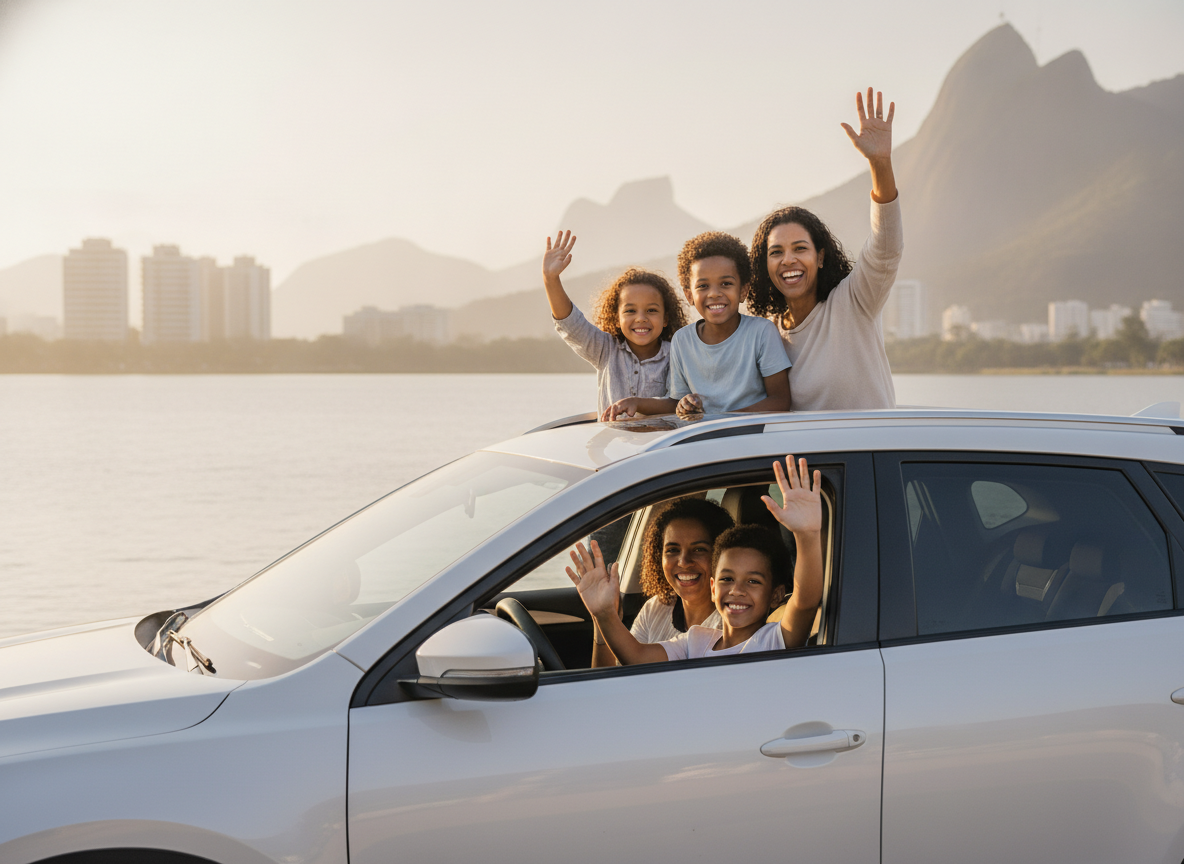 Família feliz e segura em SUV na Lagoa da Tijuca, Rio de Janeiro, com proteção veicular
