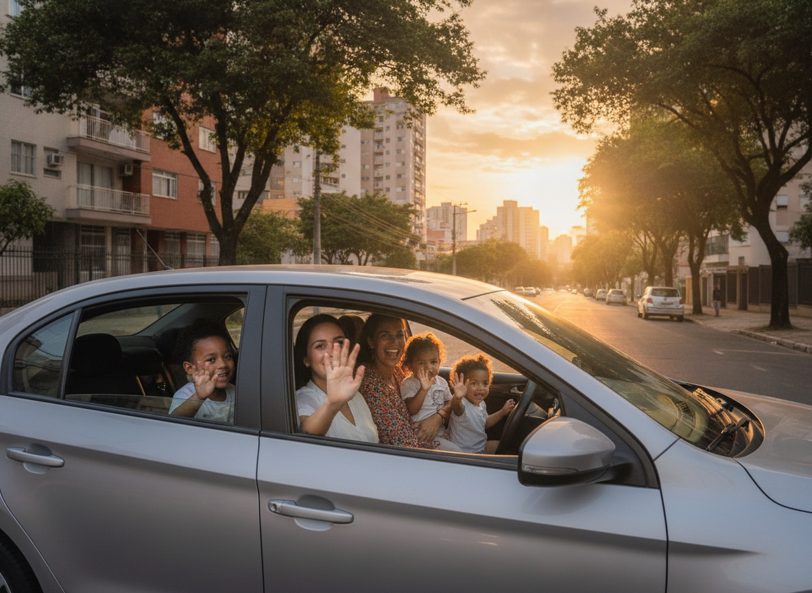 Família feliz e segura em seu carro protegido por HBM Brasil em Senador Camará, Rio de Janeiro.
