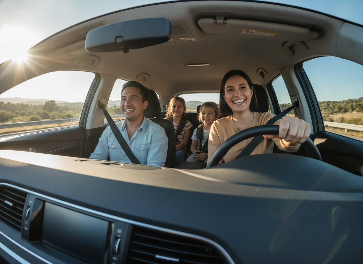 Família feliz e segura dentro de um carro protegido