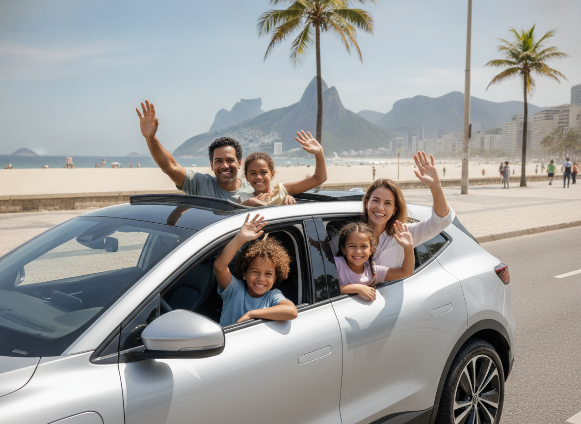 Família feliz e segura em seu carro no Rio de Janeiro com proteção veicular