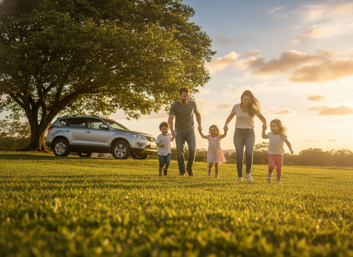 Família feliz e protegida em Vargem Grande com carro segurado.