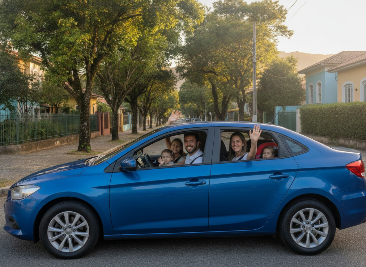 Família feliz em carro protegido em Paciência RJ