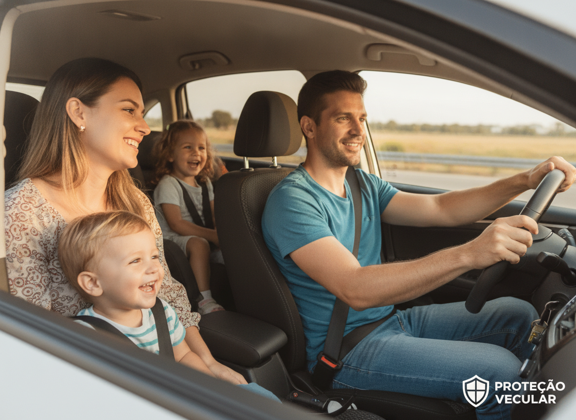 Família feliz em carro reserva fornecido pela proteção veicular.