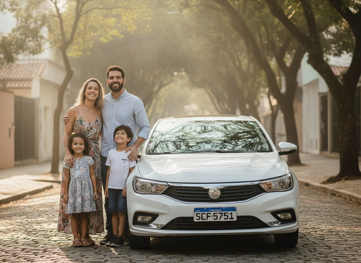 Família feliz com proteção veicular na Penha, Rio de Janeiro