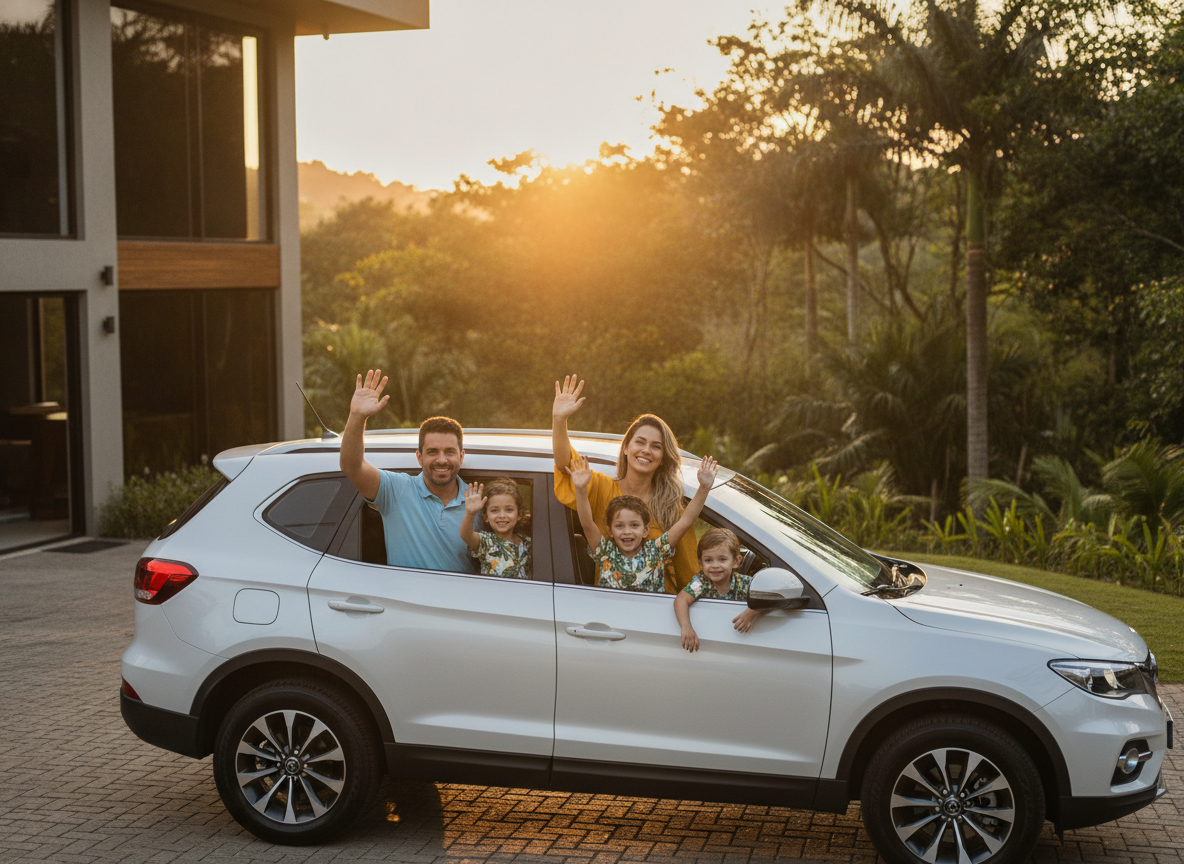 Família feliz em Coroa Grande com proteção veicular