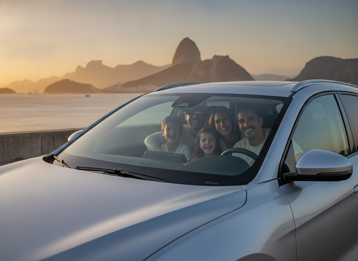 Família feliz em carro protegido em Vicente de Carvalho RJ