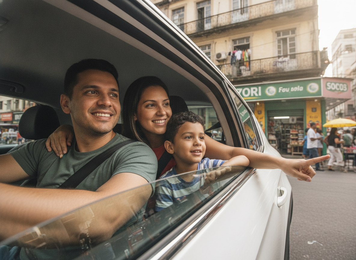 Família feliz e segura em carro na Pavuna, com proteção veicular