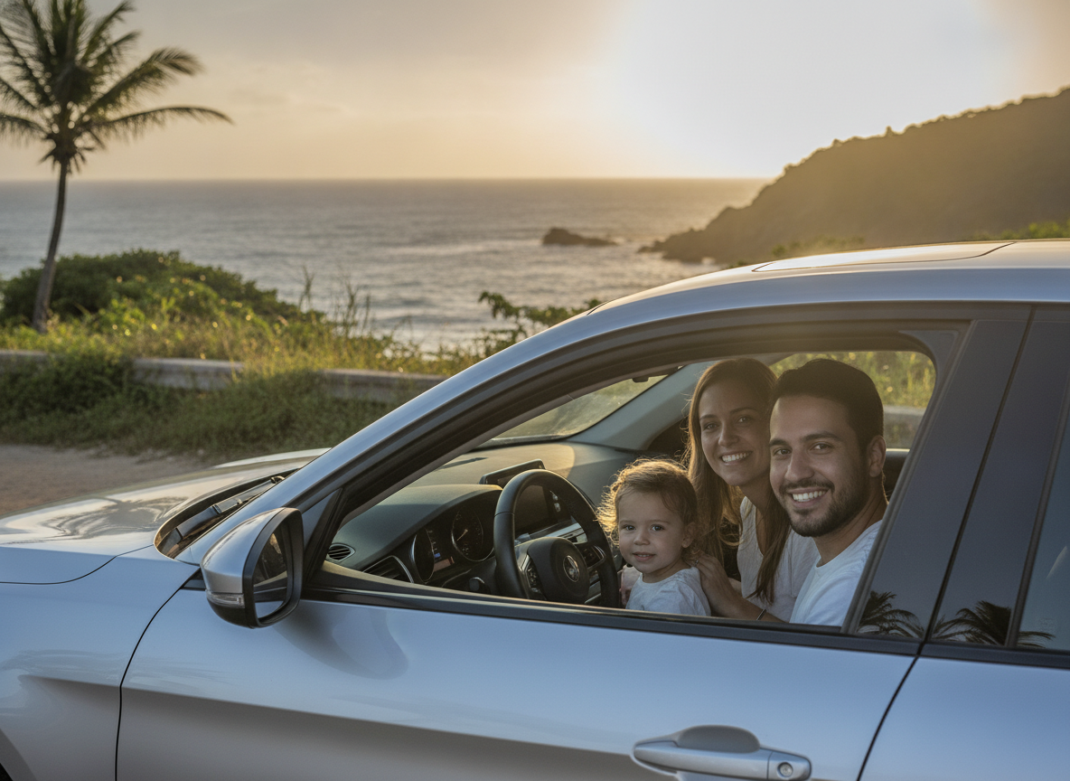 Família feliz em carro protegido na orla de Pedra de Guaratiba RJ