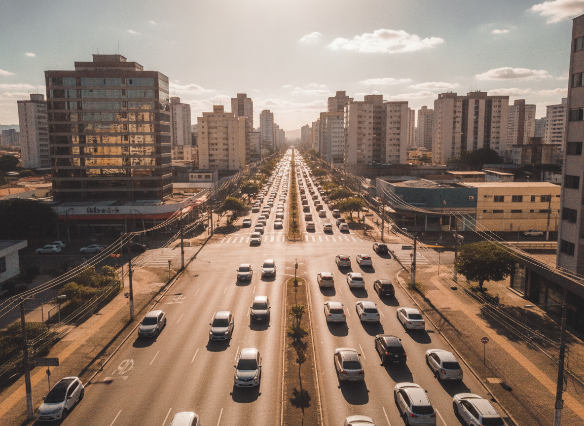 Vista aérea de Bonsucesso RJ com carros em movimento, destacando a necessidade de proteção veicular na Zona Norte