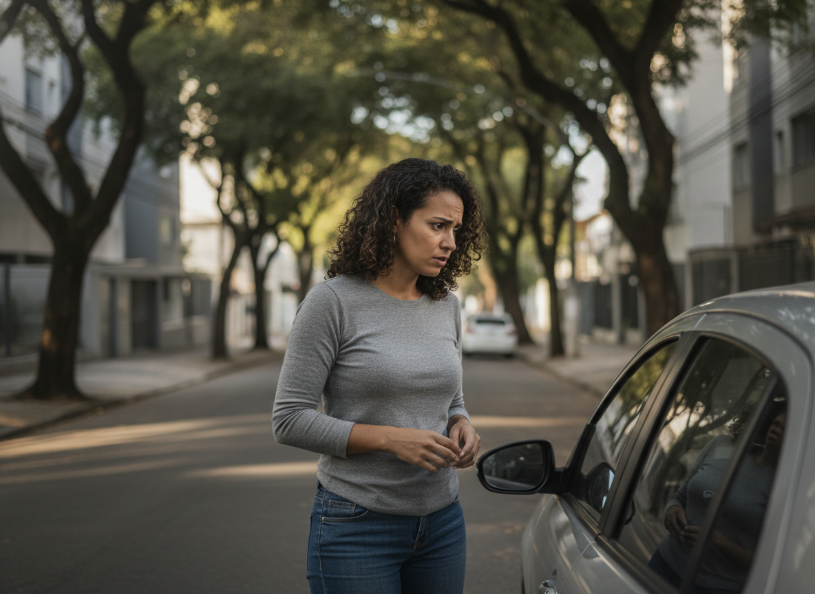 Mulher preocupada com segurança veicular em Jacarepaguá, Rio de Janeiro