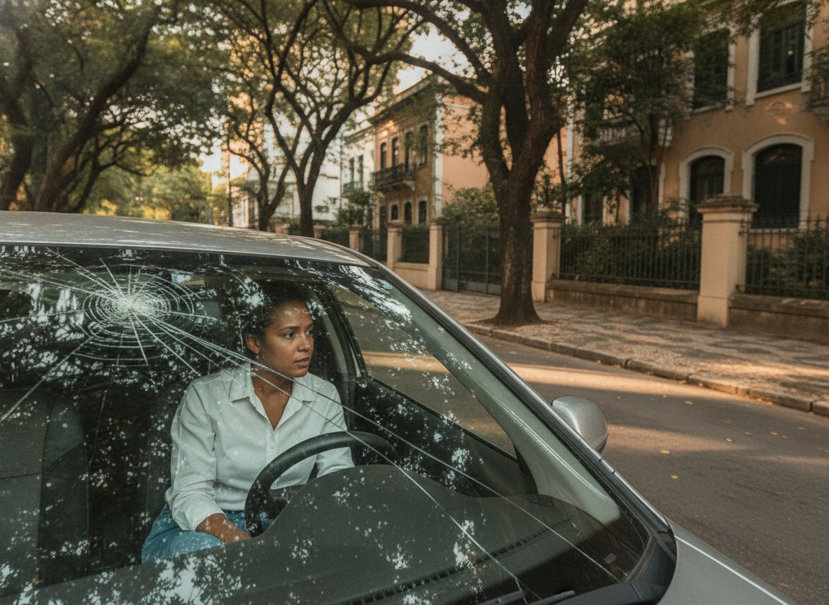 Mulher preocupada com para-brisa trincado em carro na Tijuca