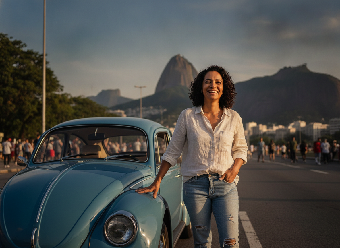 Mulher feliz com proteção veicular no Rio de Janeiro, Pão de Açúcar ao fundo
