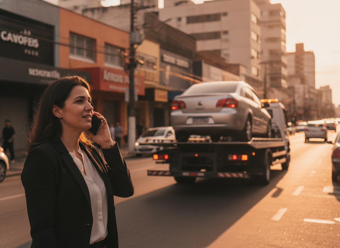 Mulher aliviada com reboque de carro em Realengo RJ, proteção veicular