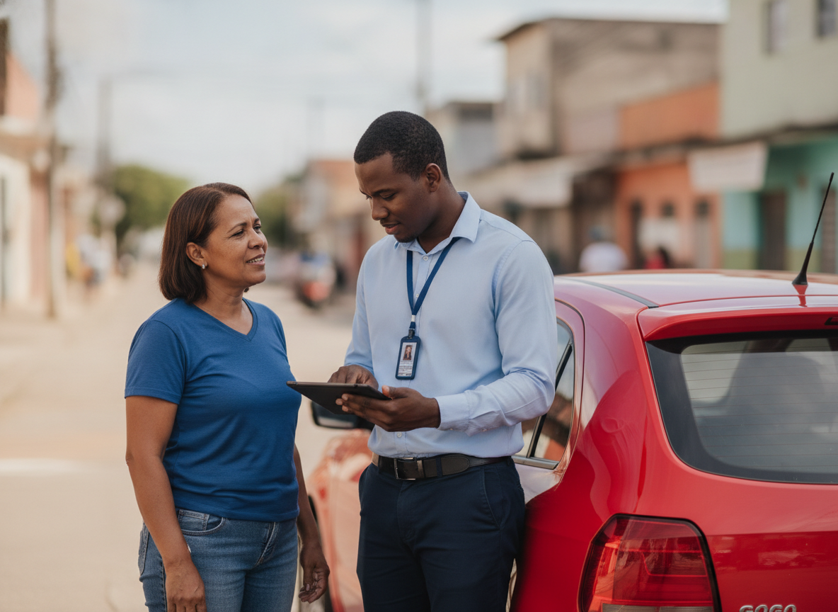 Mulher aliviada conversando com consultor de proteção veicular HBM Brasil em Senador Camará RJ após incidente com carro.