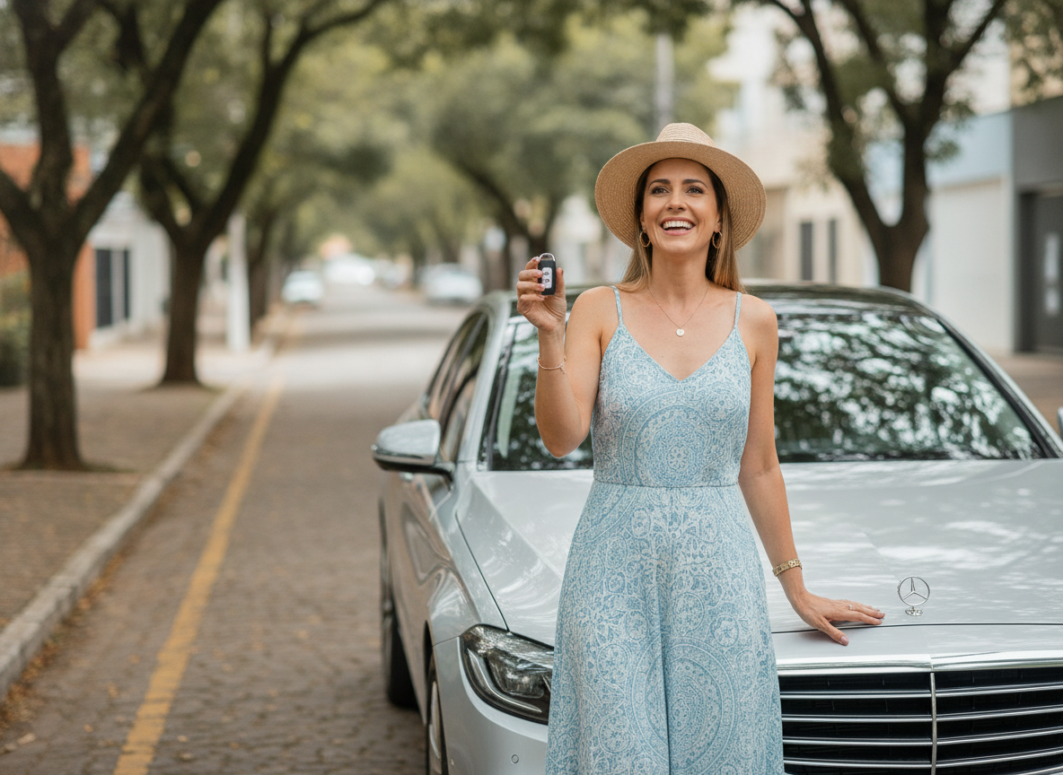 Mulher sorrindo com chave de carro, sensação de segurança com proteção veicular em Campo Grande RJ