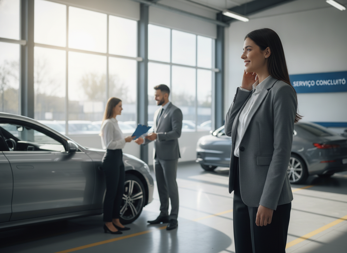 Mulher satisfeita com proteção veicular da HBM Brasil após reparo do carro