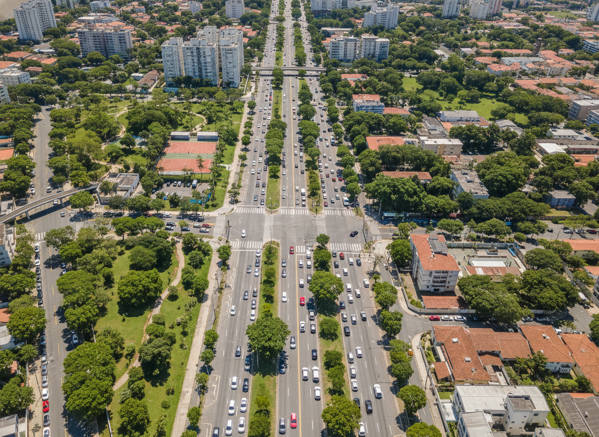 Vista aérea de Santíssimo, RJ, com carros e ruas bem cuidadas