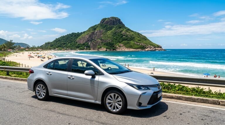 Carro protegido estacionado na praia do Recreio dos Bandeirantes, com Pedra do Pontal ao fundo.